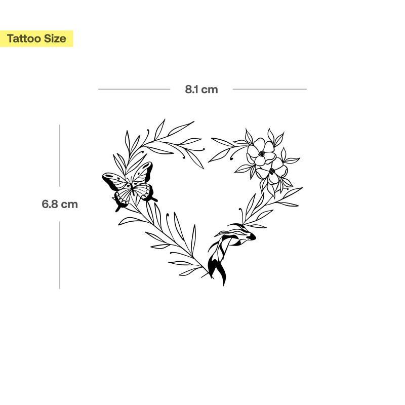 Tatouage Couronne Florale en Cœur avec Papillon et Poisson