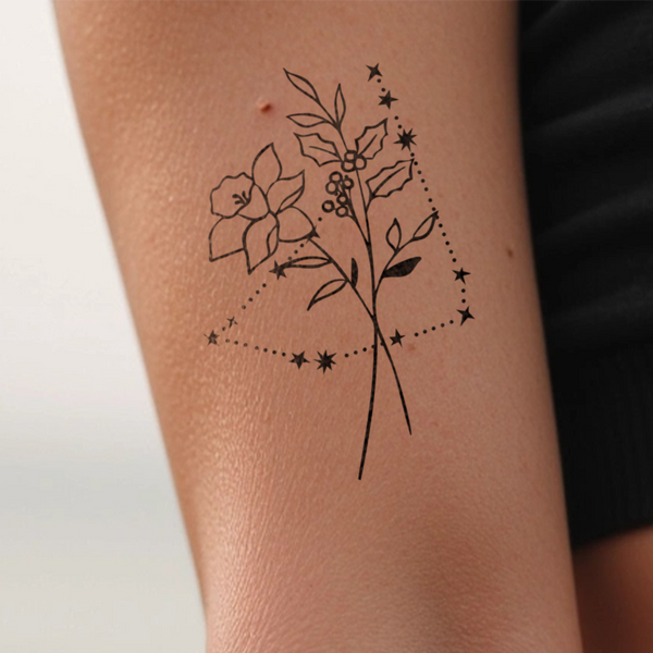 Tatouages Combinaison de Fleurs de Naissance et de Signes Astrologiques